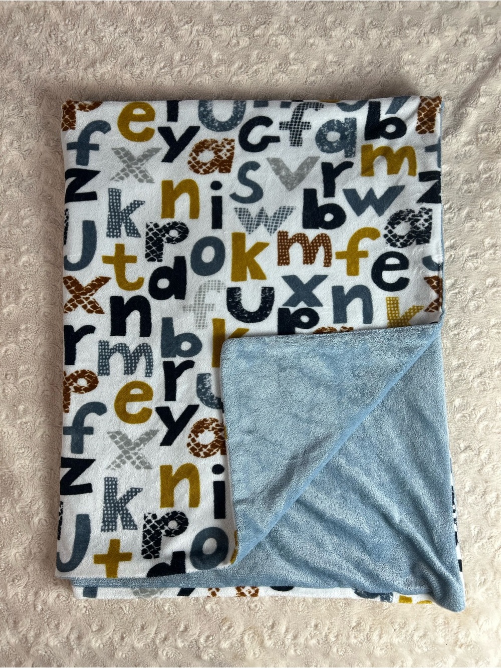 Lila & Jack Alphabet Baby Blanket ABC Letters Blue White Gold Gray Black Brown